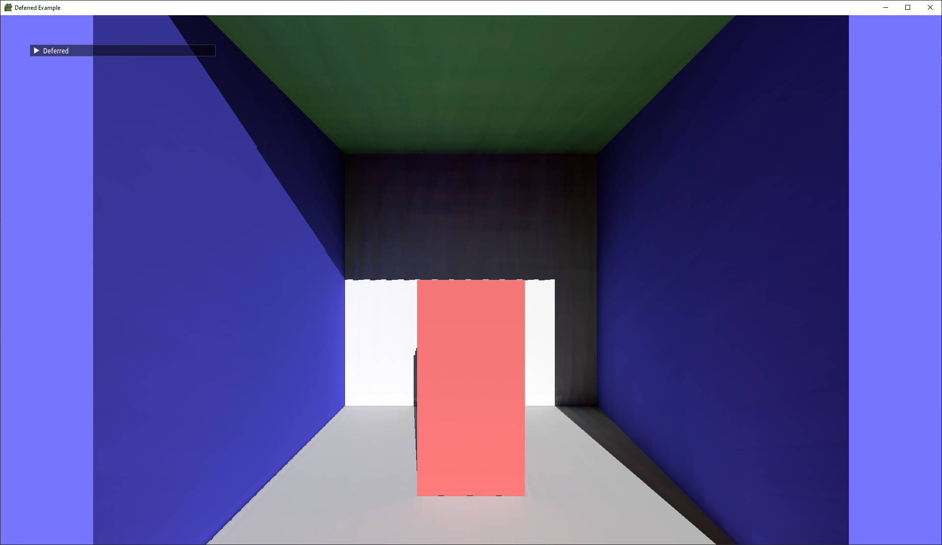 A Cornell box-like scene with light coming from the viewer's side of the box. Light from the directly lit surfaces can be seen "bleeding" onto the indirectly lit surfaces.