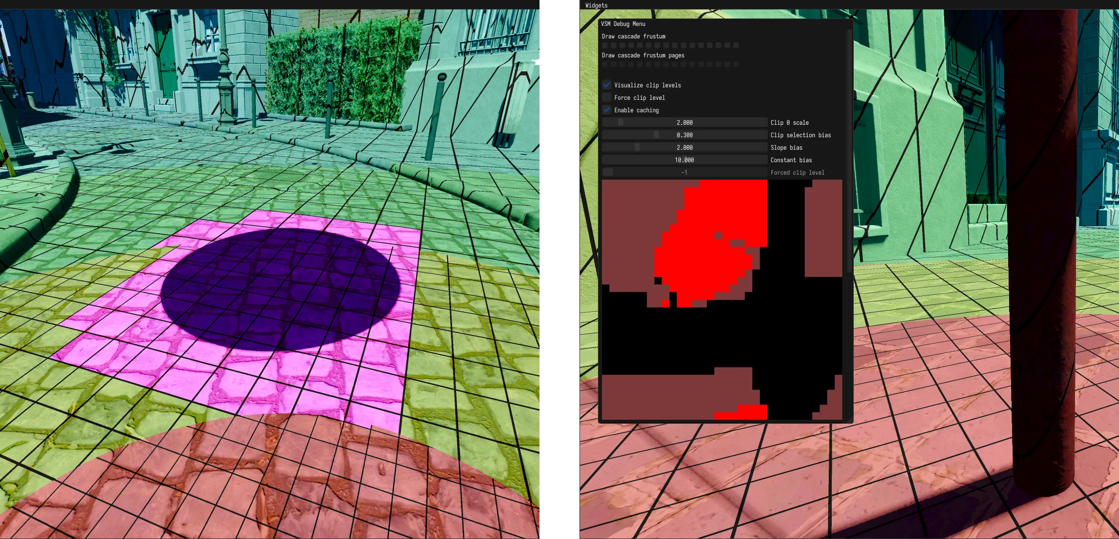 Left: debug visualization that colors pixels with the VSM cascade they sampled. Pixels located in freshly-invalidated pages are colored pink. Right: debug display of the virtual pages texture, allowing the user to see which pages are active.