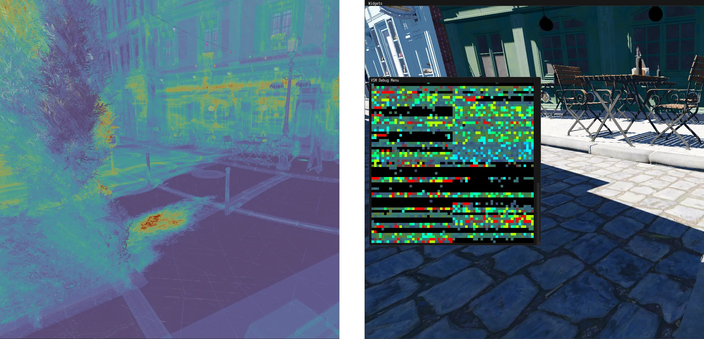 Left: heapmap visualization of shadow map overdraw. Notably, pixels under a bush are hotter. Right: debug display of the physical pages texture, colored to indicate which cascade they belong to, if any.