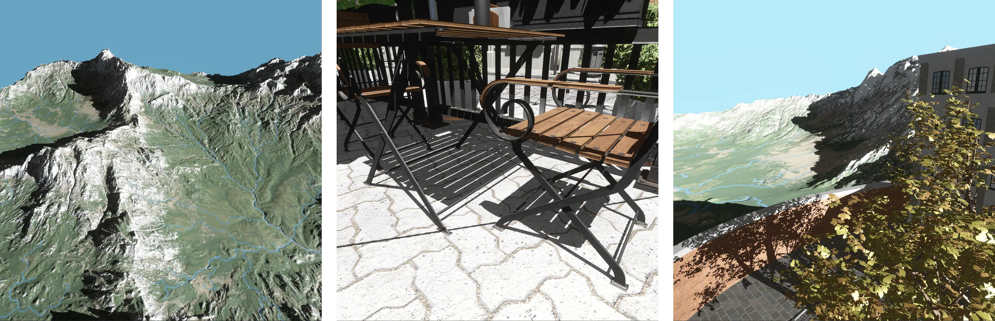 Three images of the same scene arranged in a row. The first depicts a distant mountainous landscape. The second is a close-up of a seating situation in the Bistro scene. The third depicts a tree from the Bistro scene with a mountain in the distance. All three have high-fidelity shadows everywhere.