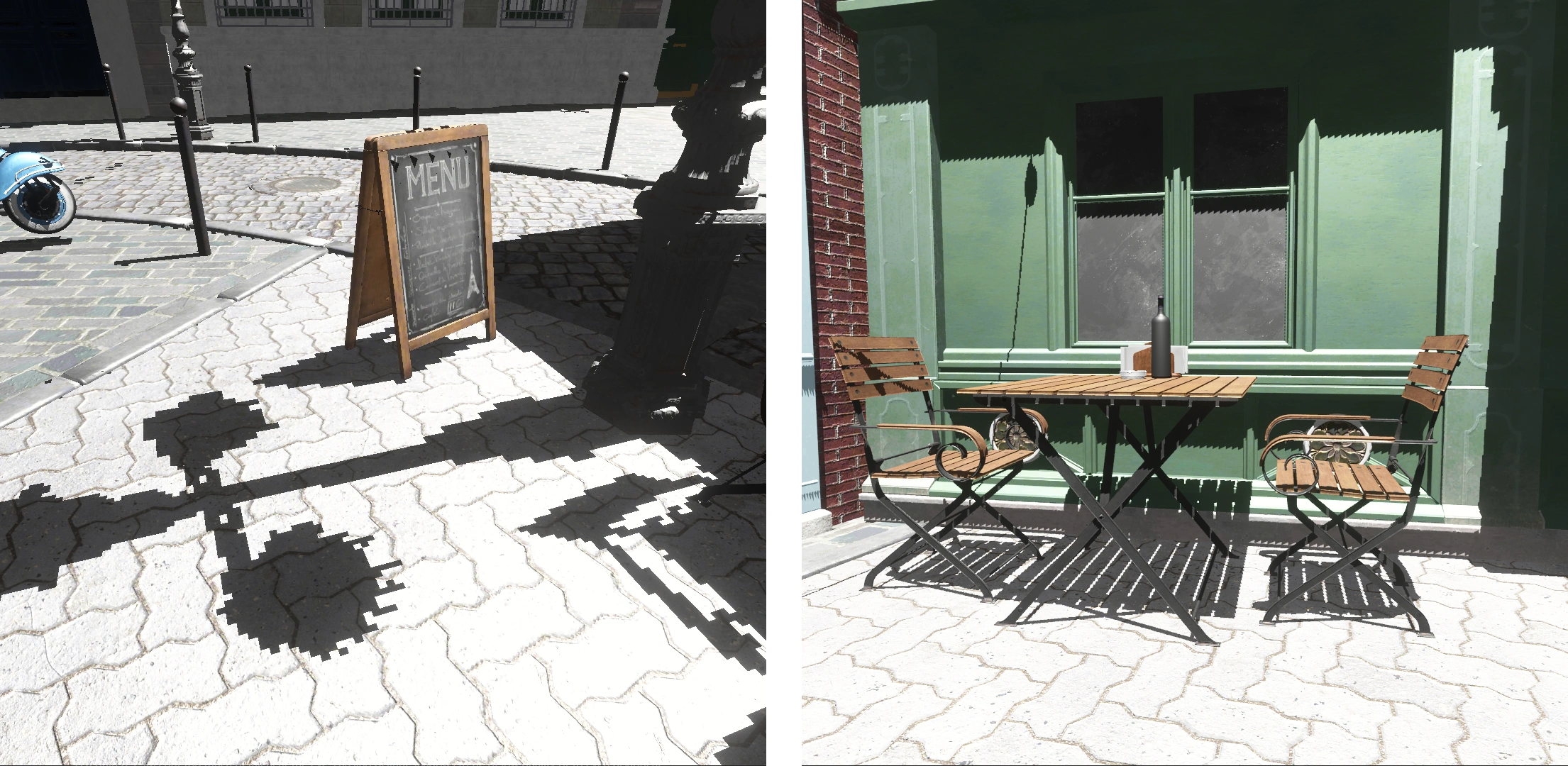 Two images of the Lumberyard Bistro scene, each showcasing a different shadow mapping artifact.