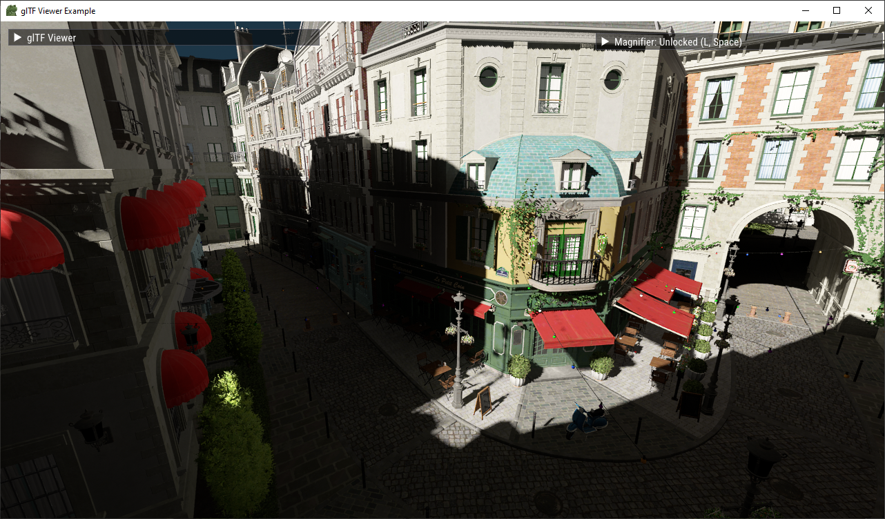 Bistro scene, showing most of the scene's lighting coming from the diffuse reflection from a building.