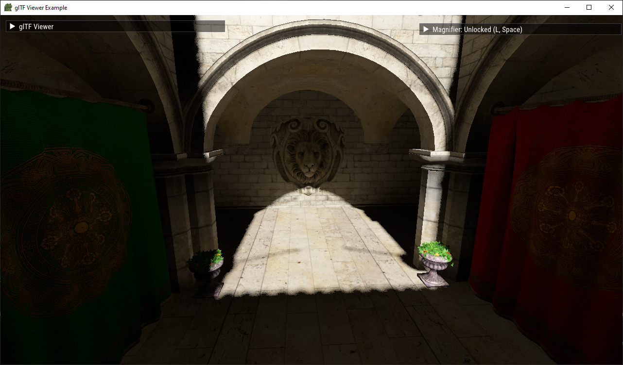 Sponza scene, showing an area just in front of the lion mantle being lit by the sun.